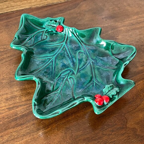 Vintage Lefton Christmas Tree Shaped Plate w/ Holly Berry Candy Nut Dish 2691 - Picture 3 of 8